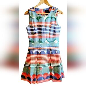 Just...Taylor Colorful Patterned Tweed Sleeveless Pleated Fit and Flare Dress